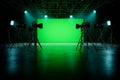 modern video studio featuring multiple cameras and green screen backdrop illuminated by bright lights creating professional