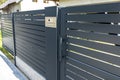 A modern videophone with a letterbox and a wireless card reader, mounted in panel fence in anthracite color, visible wicket. Royalty Free Stock Photo