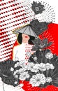 Black white and red tone of women wearing traditional Vietnamese Ao dai and Non La with lotus