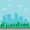 Modern View of Urban City Landscape With Green Trees. Set of buildings. Flat Style. Vector Illustration Royalty Free Stock Photo