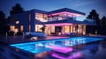 Modern villa with colored led lights at night. Royalty Free Stock Photo