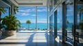 Modern villa design terrace with elevator door, view on azure beach