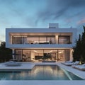 Modern Luxury Villa Exterior with Pool at Dusk Royalty Free Stock Photo