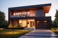 Modern villa exterior, luxury residential house with big windows in evening, generative AI