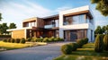 Modern villa exterior, luxury residential house with garden in summer, generative AI