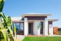 Modern villa with a lawn near a long leaf tree and blue sky Royalty Free Stock Photo