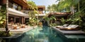 Modern villa, luxury house with pool and tropical plants in summer Royalty Free Stock Photo