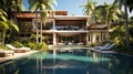 Modern villa, luxury house with pool and tropical plants in summer Royalty Free Stock Photo