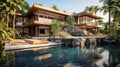 Modern villa, luxury house with pool and tropical plants in summer Royalty Free Stock Photo