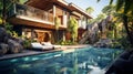 Modern villa, luxury rich house with pool and rocks in summer