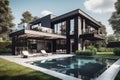 Modern villa with pool and deck with interior Royalty Free Stock Photo