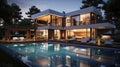 Modern Villa with Pool at Dusk. Generative AI Royalty Free Stock Photo