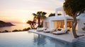 Modern villa with pool at sunset, stunning view of Mediterranean Sea Royalty Free Stock Photo