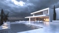 Luxury Modern Villa Exterior with Infinity Pool and City View at Dusk Royalty Free Stock Photo