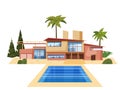 Modern villa on residence, expensive mansion palm trees. Luxury cottage house exterior blue swimming pool. Cartoon