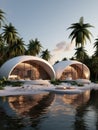 Modern villa on a tropical sand beach among palm trees. Minimalist house with round curved shaped forms