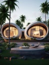 Modern villa on a tropical sand beach among palm trees. Minimalist house with round curved shaped forms