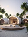 Modern villa on a tropical sand beach among palm trees. Minimalist house with round curved shaped forms