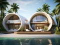 Modern villa on a tropical sand beach among palm trees. Minimalist house with round curved shaped forms