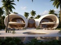 Modern villa on a tropical sand beach among palm trees. Minimalist house with round curved shaped forms