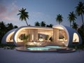 Modern villa on a tropical sand beach among palm trees. Minimalist house with round curved shaped forms