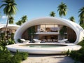 Modern villa on a tropical sand beach among palm trees. Minimalist house with round curved shaped forms