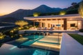 Modern Villa at Twilight - Glowing Interior Lights, Reflection on Infinity Pool, Meticulously Landscaped Surroundings