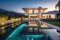 Modern Villa at Twilight - Glowing Interior Lights, Reflection on Infinity Pool, Meticulously Landscaped Surroundings