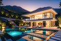 Modern Villa at Twilight - Glowing Interior Lights, Reflection on Infinity Pool, Meticulously Landscaped Surroundings