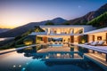 Modern Villa at Twilight - Glowing Interior Lights, Reflection on Infinity Pool, Meticulously Landscaped Surroundings