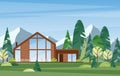 Modern village house flat vector illustration. Contemporary wooden building in coniferous forest. Countryside home Royalty Free Stock Photo