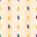 Modern vintage hand drawn mixture of gold and purple teal leaves. Seamless vector pattern on wide striped peach colored