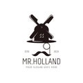 Modern Vintage hipster Mr Holland, glasses mustache and windmill logo icon