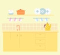 Modern vintage kitchen interior design background. Place at home for cleaning and washing. Yellow counter with drawers