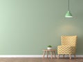 Modern vintage living room with green wall 3d rendering