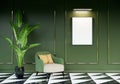 Modern vintage living room interior with green wall and pattern floor. Furnished with chair. room mockup stylish