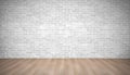 Modern vintage white brick wall on brown plank wood floor wiht l Royalty Free Stock Photo