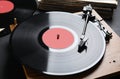 Modern vinyl record player with disc on black, closeup Royalty Free Stock Photo