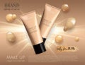 Modern VIP cosmetic ads, make up liquid foundation for sale. Elegant beige and gold color face cream tube with drops of