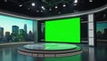Modern virtual broadcasting studio setting with green screen. Stage reflective platform backdrop. Background view shows cityscape Royalty Free Stock Photo