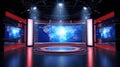 Modern virtual news studio with glowing screens and blue Earth globe for high tech TV broadcast, AI generated Royalty Free Stock Photo
