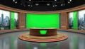 Modern virtual news studio with green screen backdrop and city skyline windows. Sleek desk with illuminated panel, set for Royalty Free Stock Photo