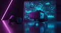 Virtual Reality Headset and Digital Brain Interface with Holographic Data Visualizations in Futuristic Tech Environment Royalty Free Stock Photo