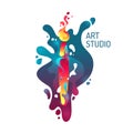 Modern vivid poster Art studio. Abstract shapes and splashes on a dark background.