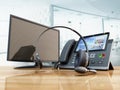 Modern VoIP phone and headset standing on wooden office table. Call center, marketing and technical support concept. 3D