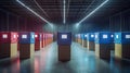 A Modern Voting Setup Illustrating Fairness in Elections with Rows of Red and Blue Ballot Boxes in a Spacious Hall, Highlighting Royalty Free Stock Photo
