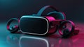 A modern VR headset and controllers with futuristic pink and blue lighting. Royalty Free Stock Photo