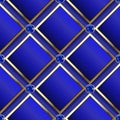 Modern waffle 3d dark blue vector seamless pattern. Geometric ornamental jewelry background. 3d rhombus and diamonds with gold