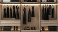 Modern walk-in closet with elegant black dresses and shoes