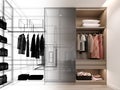 modern walk in closet wardrobe with clothes hanging interior design, 3d rendering